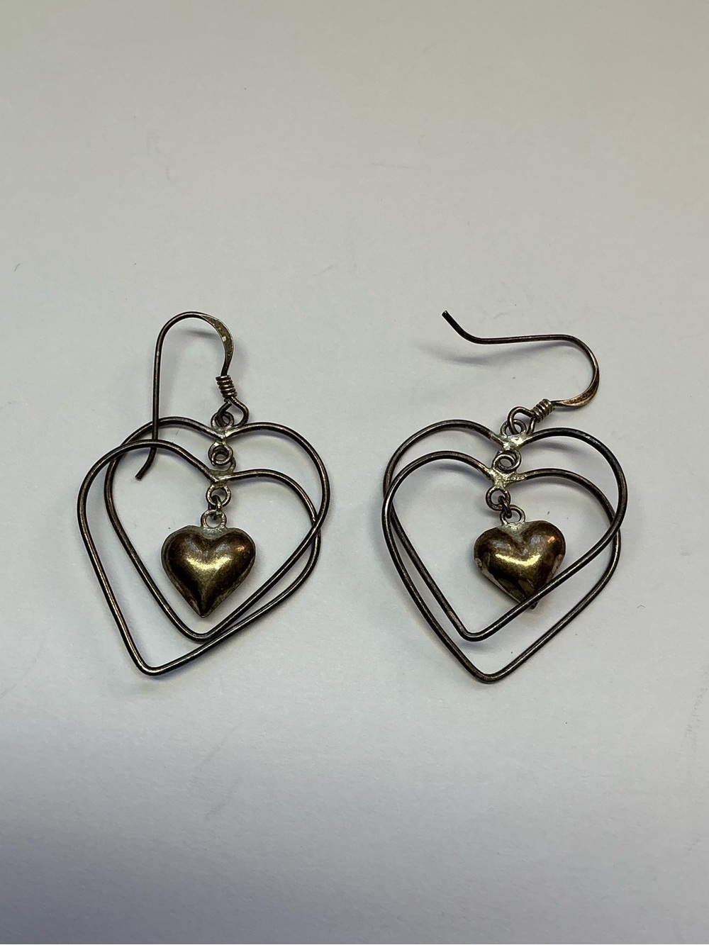 Sterling Silver Double Heart Drop Earrings. 1.5 inches long